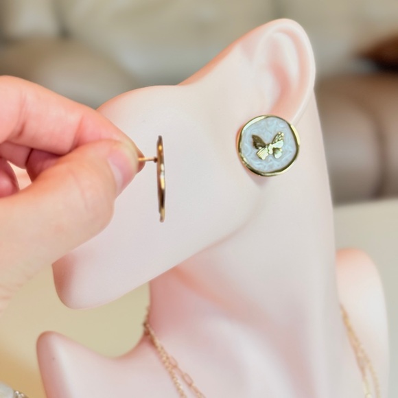 Gold and White Butterfly Earrings - Picture 5 of 10